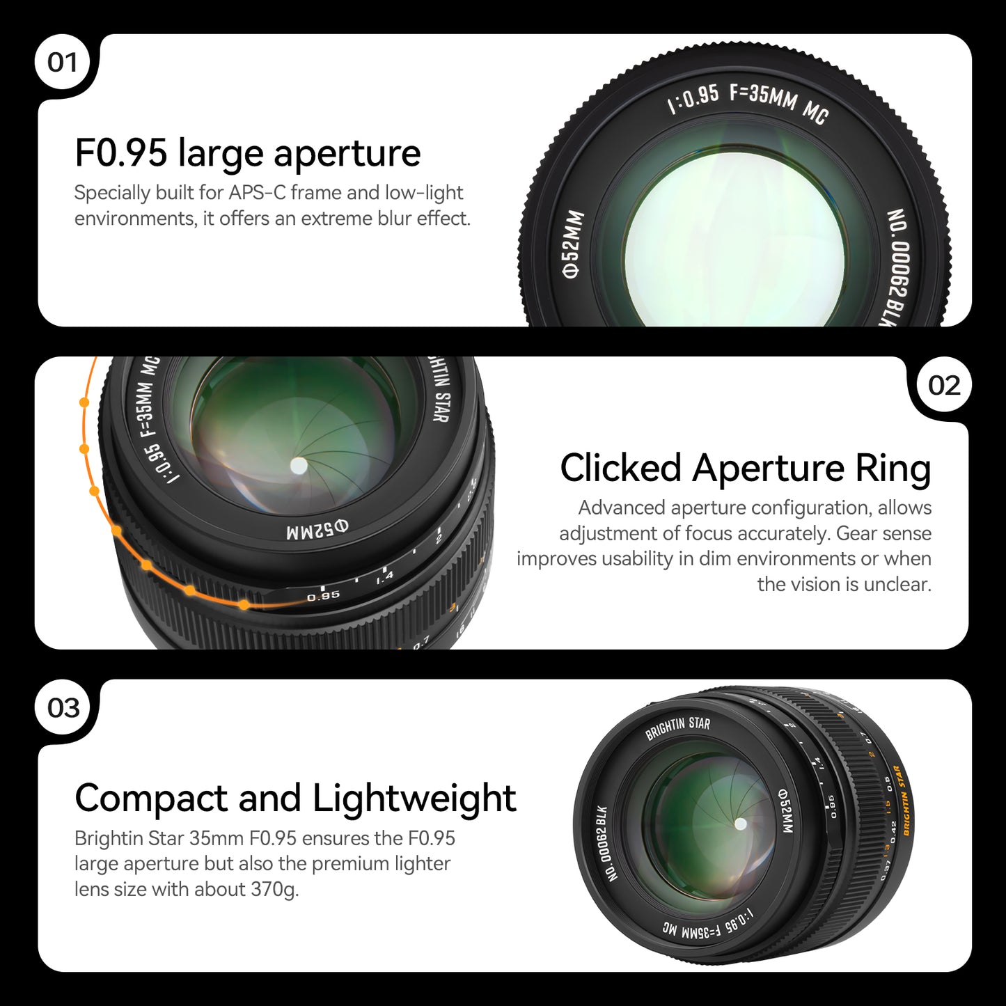 Brightin Star 35mm F0.95 APS-C Night God Portrait Star Manual Fixed Focus Lens Suitable For Fuji X/Canon M/RF/M43/Sony E/Nikon Z