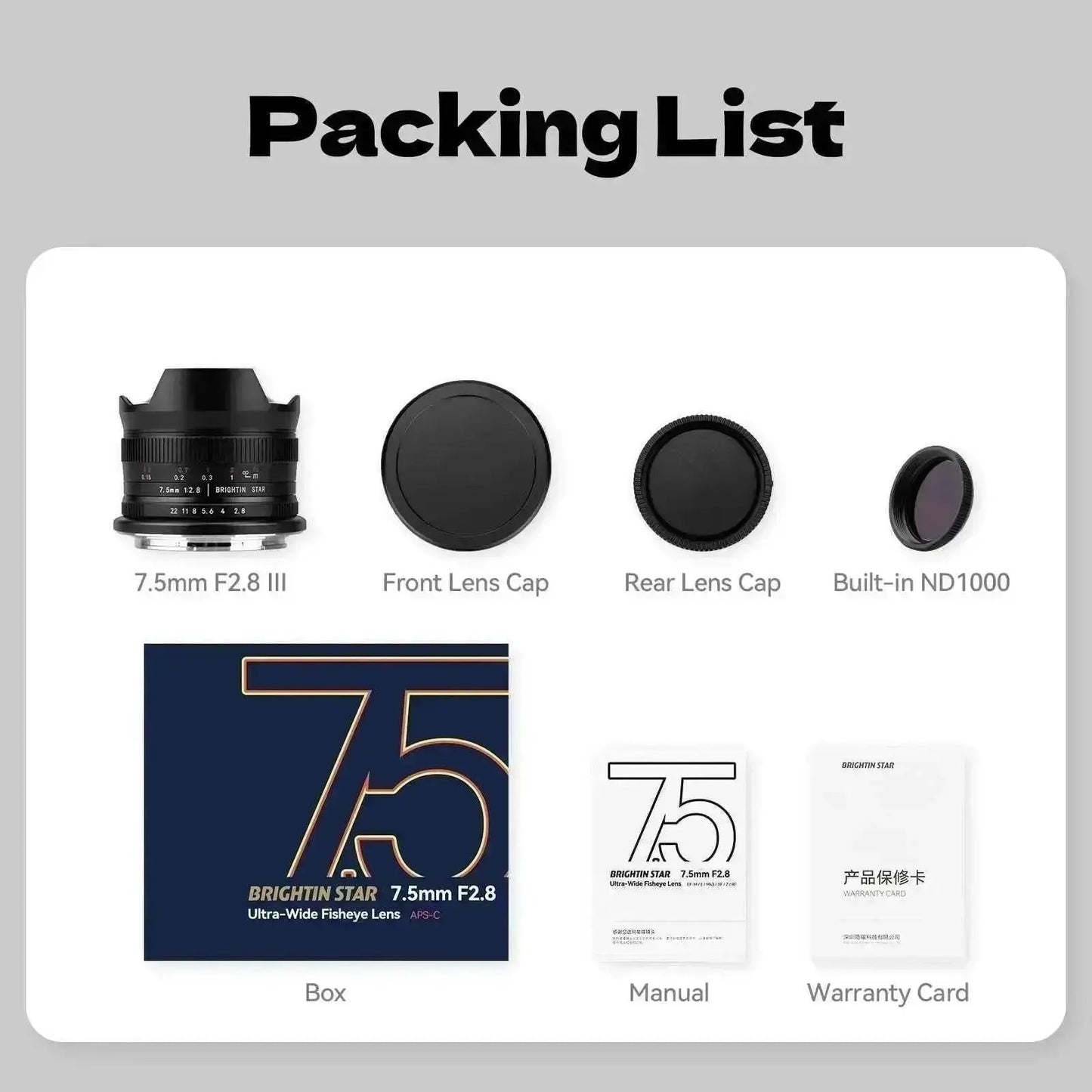 Brightin Star 7.5mm F2.8 APS-C Fisheye Manual Focus Lens With ND Filter for Sony E/Canon M/Canon RF/Fuji X/Nikon Z/M43 Mount