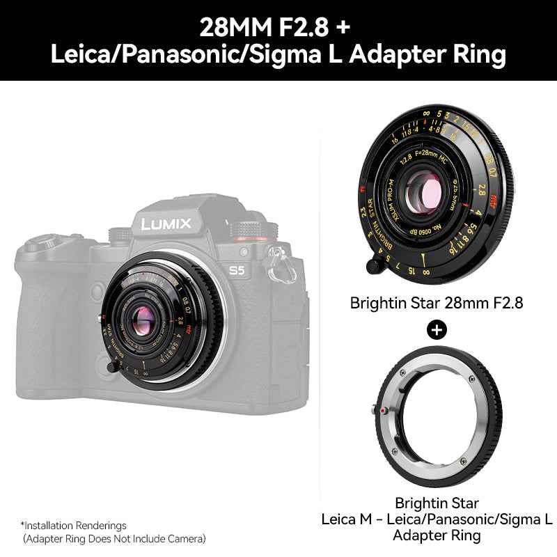 Brightin Star 28mm F2.8 Full Frame Lens Black Lacquer Ultra-Thin Pancake Lens For Leica M Mount Sony E/Canon RF/Fuji XF/GFX/Nikon Z Adapter Ring