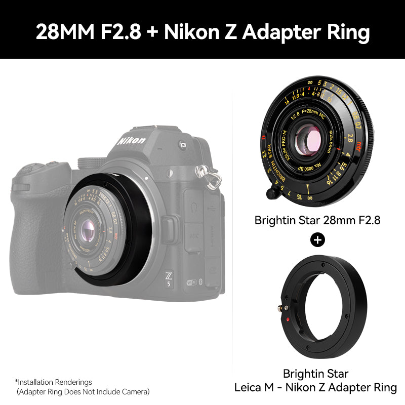 Brightin Star 28mm F2.8 Full Frame Lens Black Lacquer Ultra-Thin Pancake Lens Suitable Fit Leica M Mount Sony E/Canon RF/Fuji XF/GFX /Nikon Z Adapter Ring