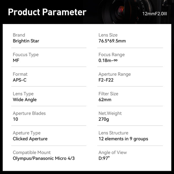 12mm F2.0 III APS-C Ultra Wide-Angle Big Aperture Cameras Lens For Canon  RF mount