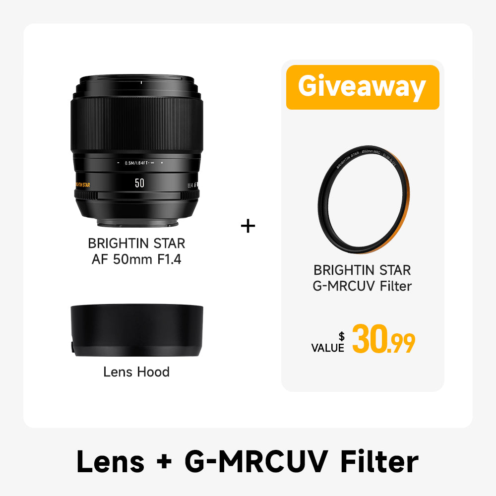 Brightin Star AF 50mm F1.4 Autofocus Large Aperture APS-C Mirrorless Camera Lens Sony E / Fuji X Mount - Free G-MRCUV professional filter