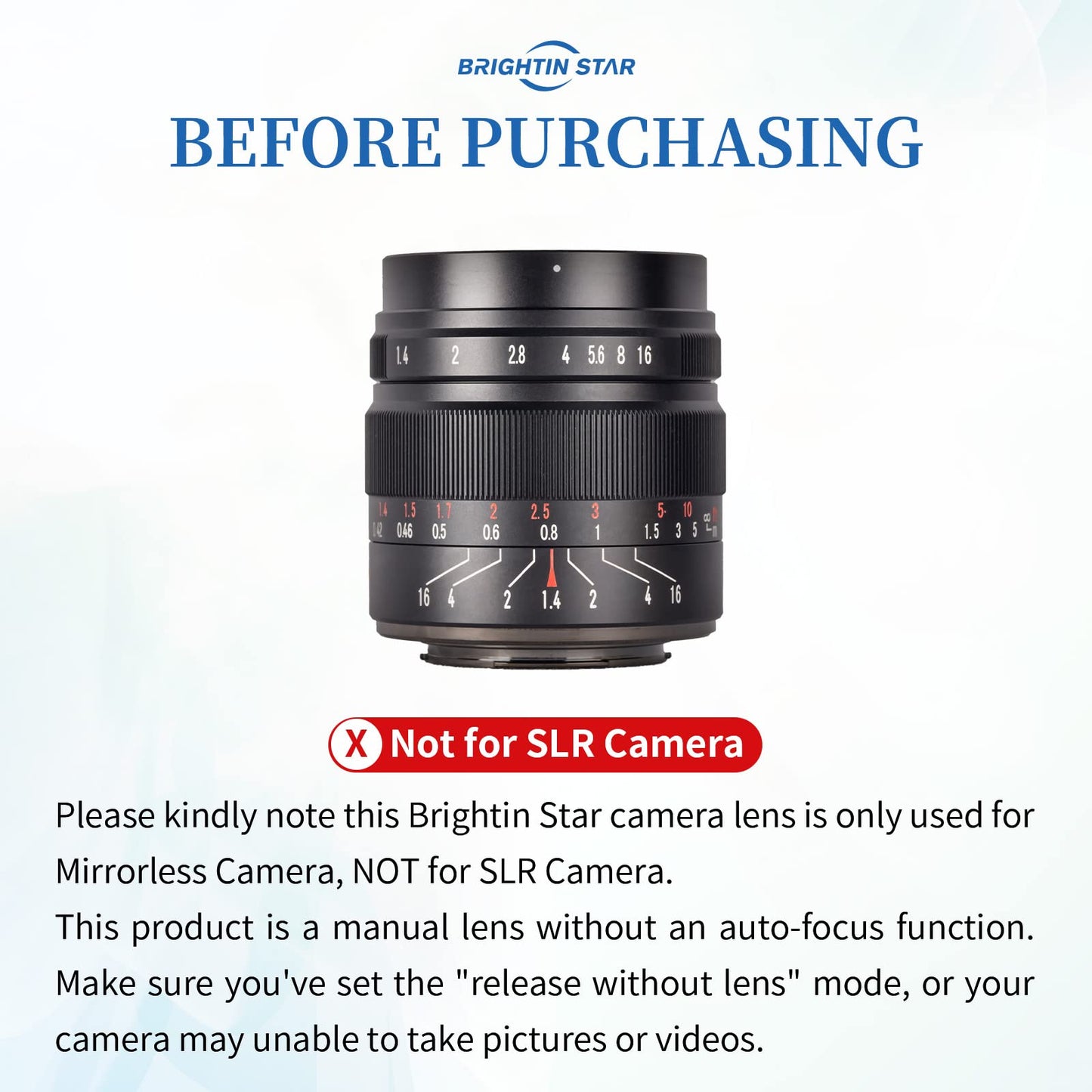 Brightin Star 50mm F1.4 APS-C Manual Focus Prime Lens for M43/Canon M/Fuji X/Sony E Mount
