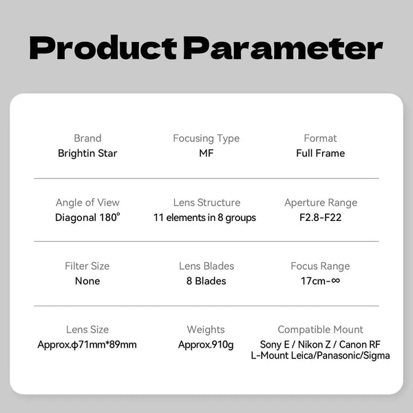 Brightin Star 11mm F2.8 Full Frame Wide-Angle Starry Sky Fisheye Lens Suitable for L/Sony E/Nikon Z/Canon RF mount