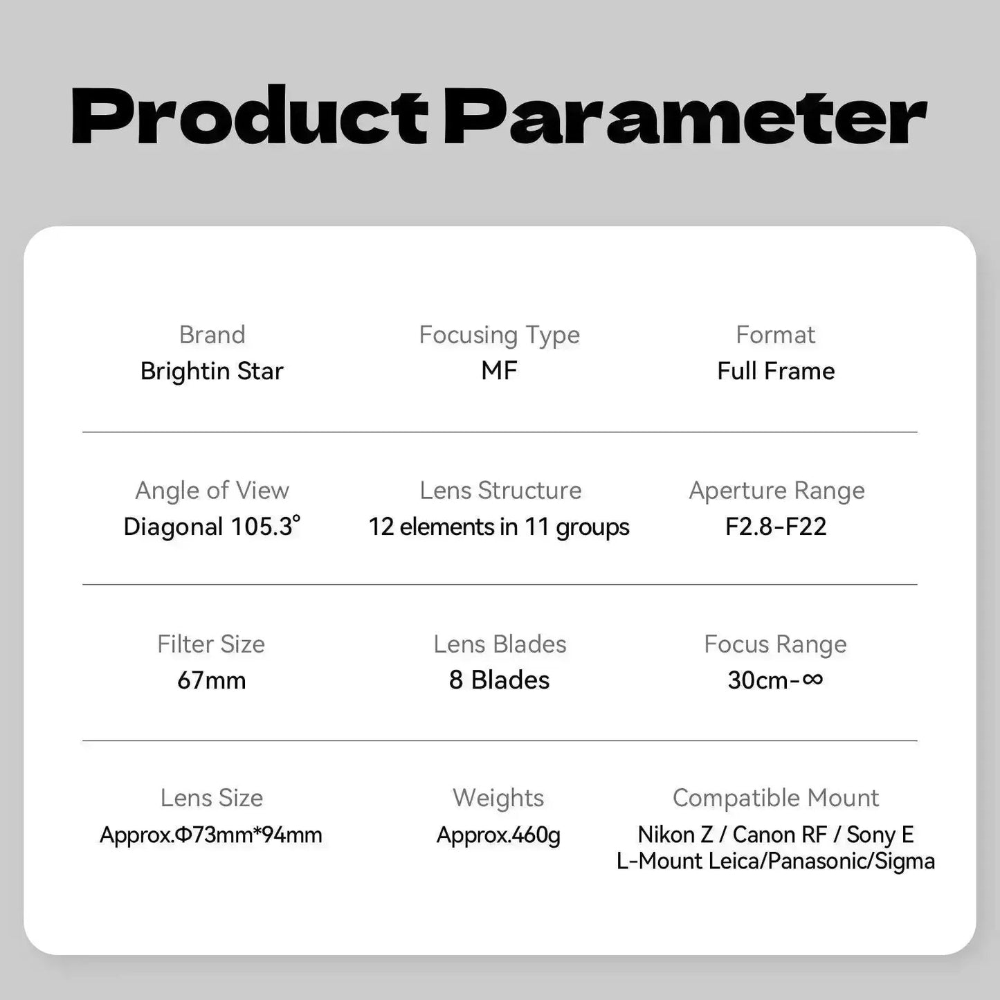 Brightin Star 16mm F2.8 Full Frame Ultral Wide Angle Manual Focus Mirrorless Camera Lens, Fit for Canon RF/Nikon Z/Sony E/L Mount BRIGHTIN STAR