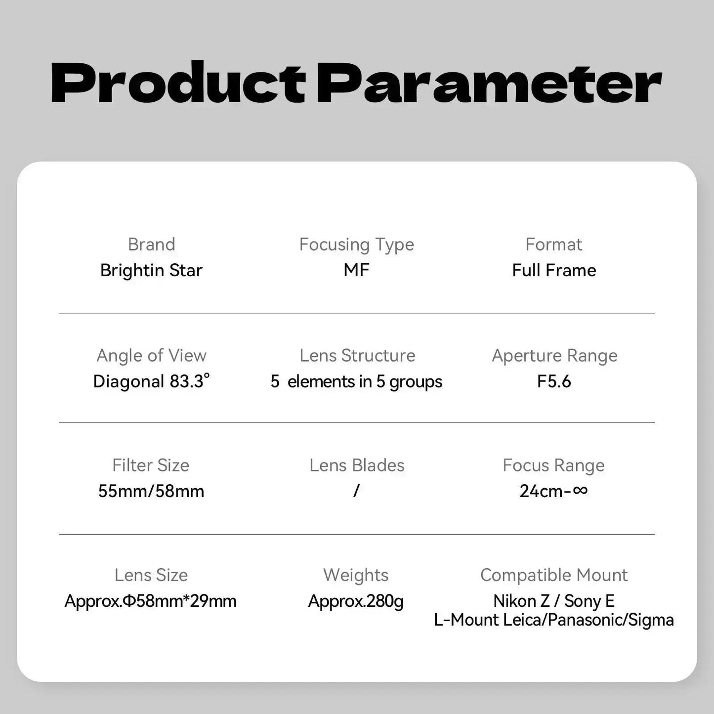 23mm F5.6 Full Frame Manual Focus Prime Lens - Brightin Star BRIGHTIN STAR