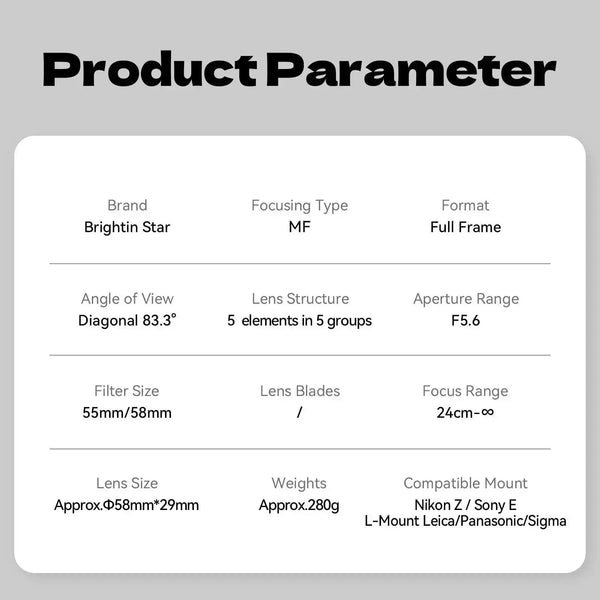 23mm F5.6 Full Frame Manual Focus Prime Lens - Brightin Star BRIGHTIN STAR