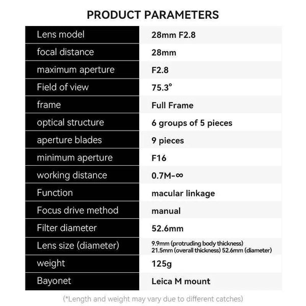 28mm F2.8 Full Frame Black Lacquer Ultra-Thin Pancake Lens For Leica M Mount Sony E/Canon RF/Fuji XF/GFX/Nikon Z Adapter Ring