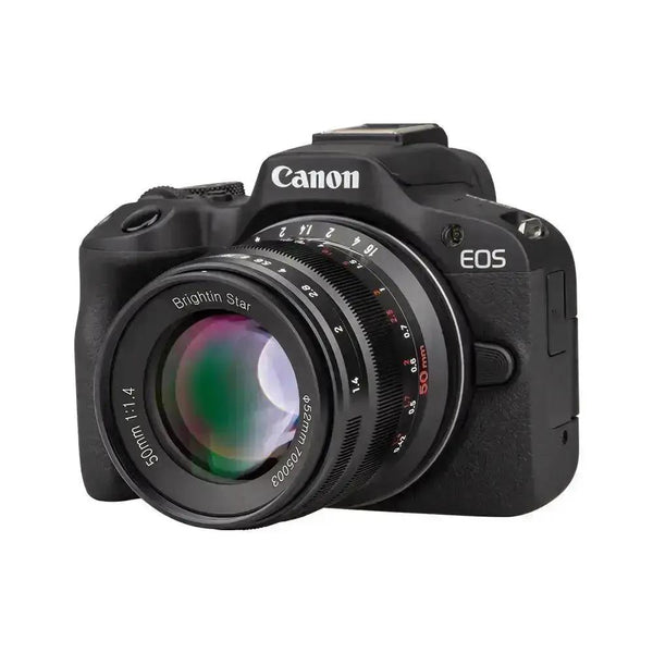 Brightin Star 50mm F1.4 APS-C Lens Mounted on Camera