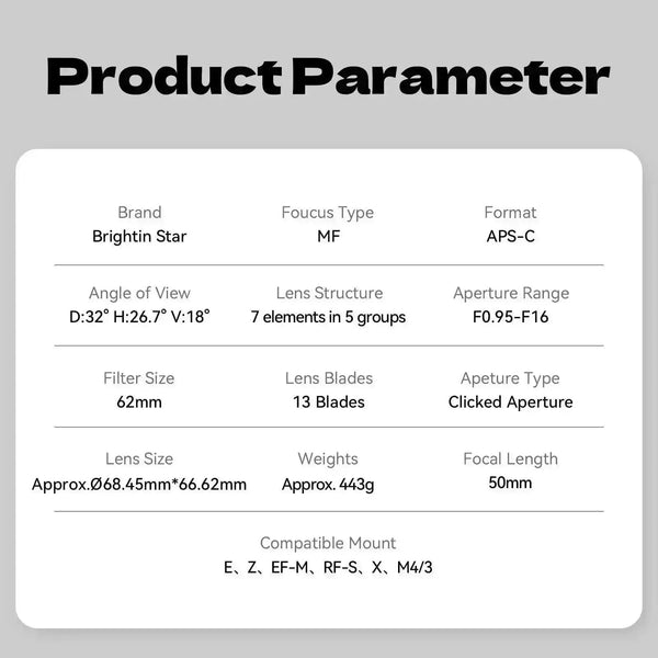 50mm F0.95 APS-C  Night God Portrait Star  Manual Fixed Focus Lens Suitable For Fuji X-Mount BRIGHTIN STAR