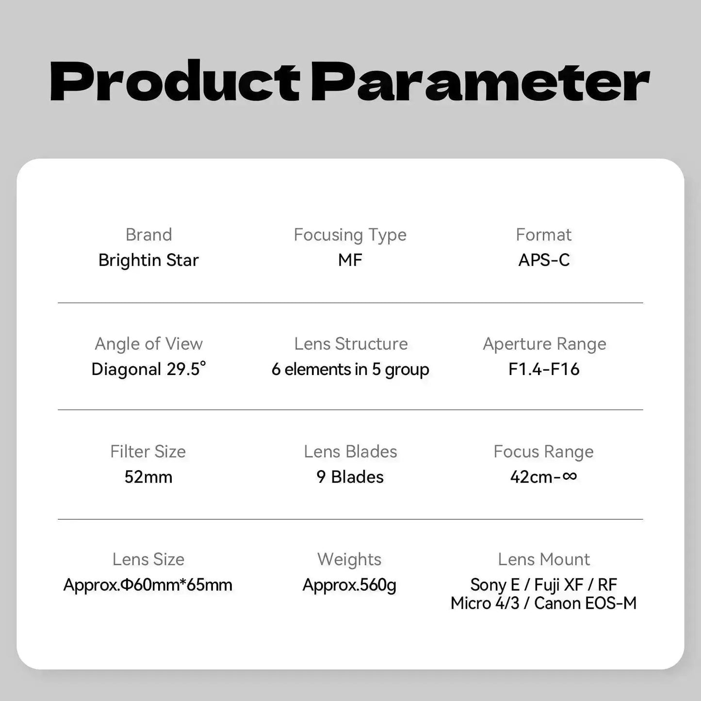 Brightin Star 50mm F1.4 APS-C Lens Technical Specifications