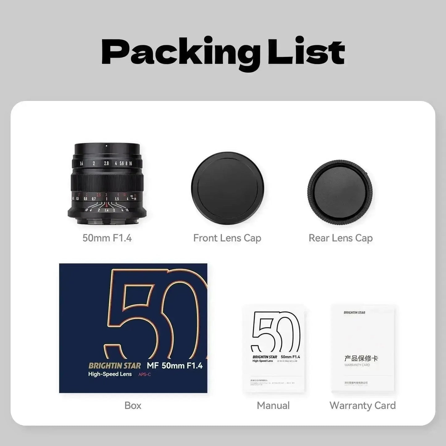 Brightin Star 50mm F1.4 APS-C Lens Package Contents