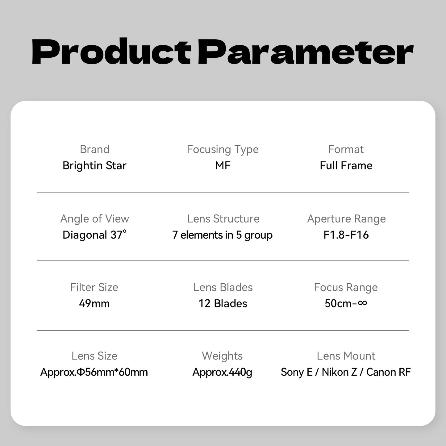 55mm F1.8 Full Frame Large Aperture Manual Focus Mirrorless Camera Lens, Fit for Sony E Mount