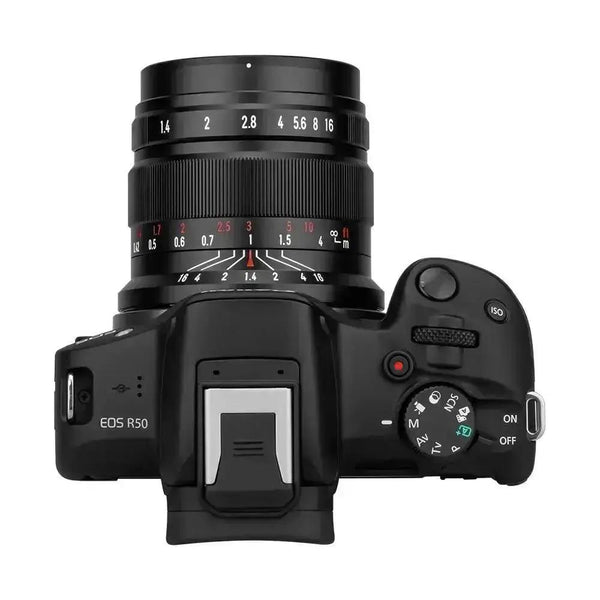 Brightin Star 50mm F1.4 APS-C Lens Top View on Camera