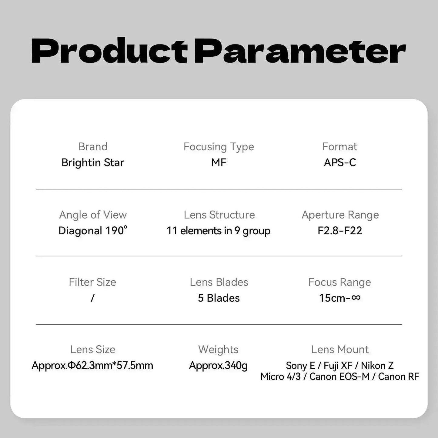 Brightin Star 7.5mm F2.8 APS-C Fisheye Manual Focus Lens With ND Filter for Sony E/Canon M/Canon RF/Fuji X/Nikon Z/M43 Mount