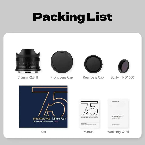 Brightin Star 7.5mm F2.8 APS-C Fisheye Manual Focus Lens With ND Filter for Sony E/Canon M/Canon RF/Fuji X/Nikon Z/M43 Mount