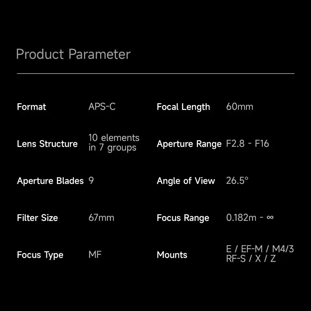 Brightin Star 60mm F2.8 2X Macro APS-C Manual Focus Prime Lens for Sony E Mount