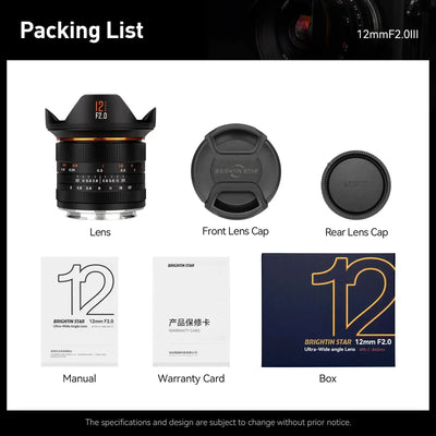 Brightin Star 12mm F2.0 III APS-C  Ultra Wide-Angle Big Aperture Cameras Lens ADS