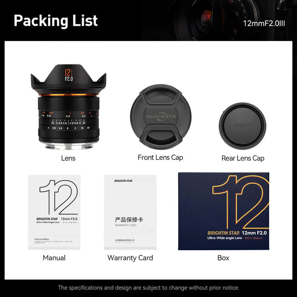 Brightin Star 12mm F2.0 III APS-C  Ultra Wide-Angle Big Aperture Cameras Lens