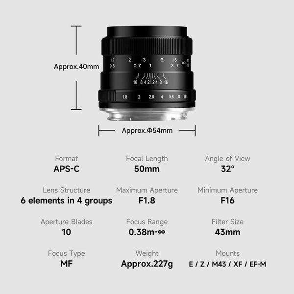Brightin Star 50mm F1.8 APS-C Manual Focus Lens Fit for Canon EF-M/Sony E/M43/Fuji X/Nikon Z mount