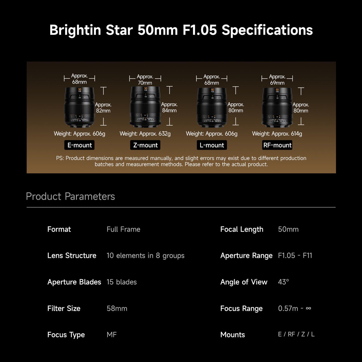 Brightin Star MF 50mm F1.05 Full-Frame Manual Focus Prime Lens