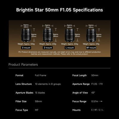 Brightin Star MF 50mm F1.05 Full-Frame Manual Focus Prime Lens ADS