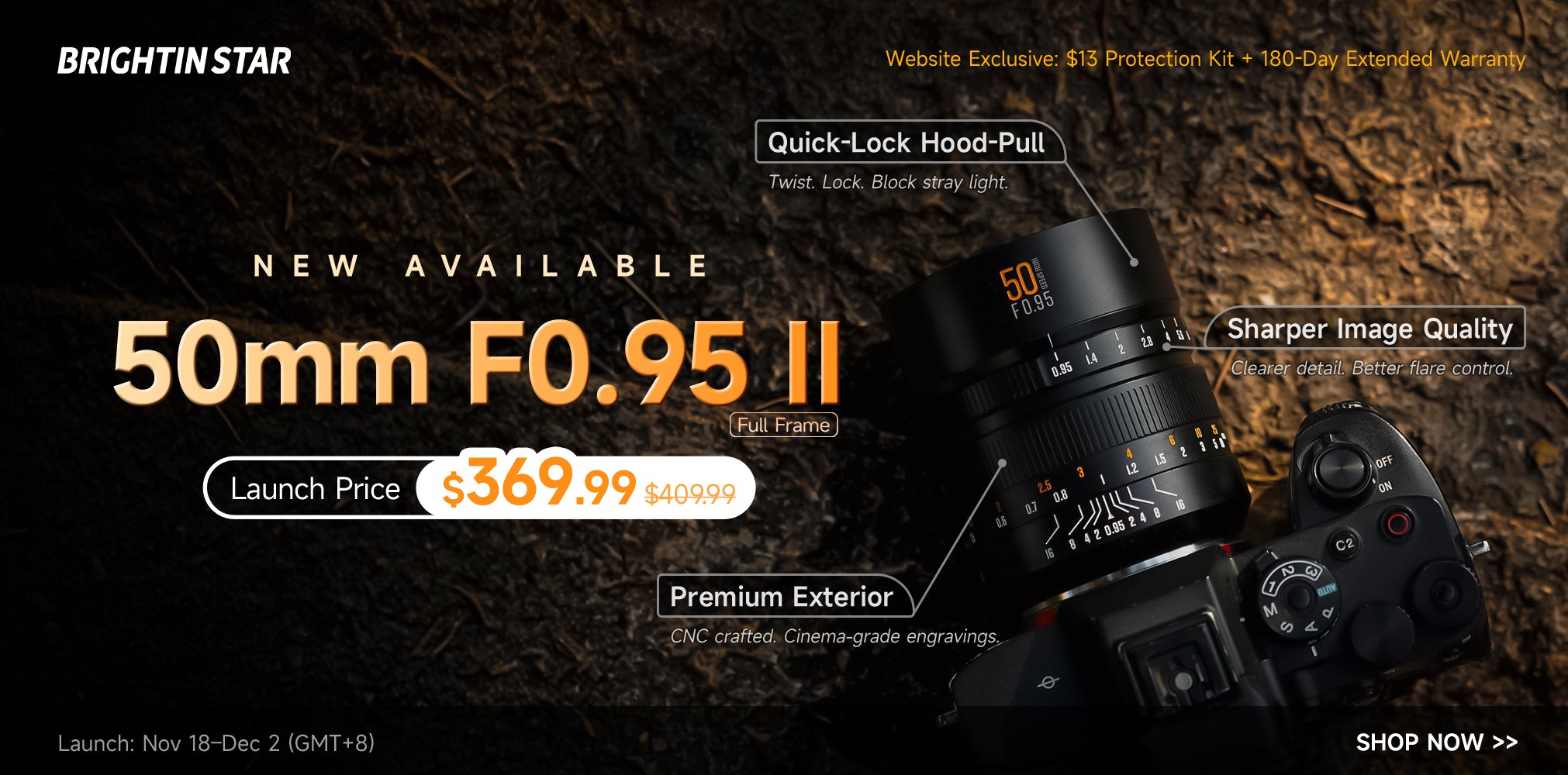 Brightin Star 50mm F0.95 II full frame lens banner for Sony E/Nikon Z/Canon RF/L mount