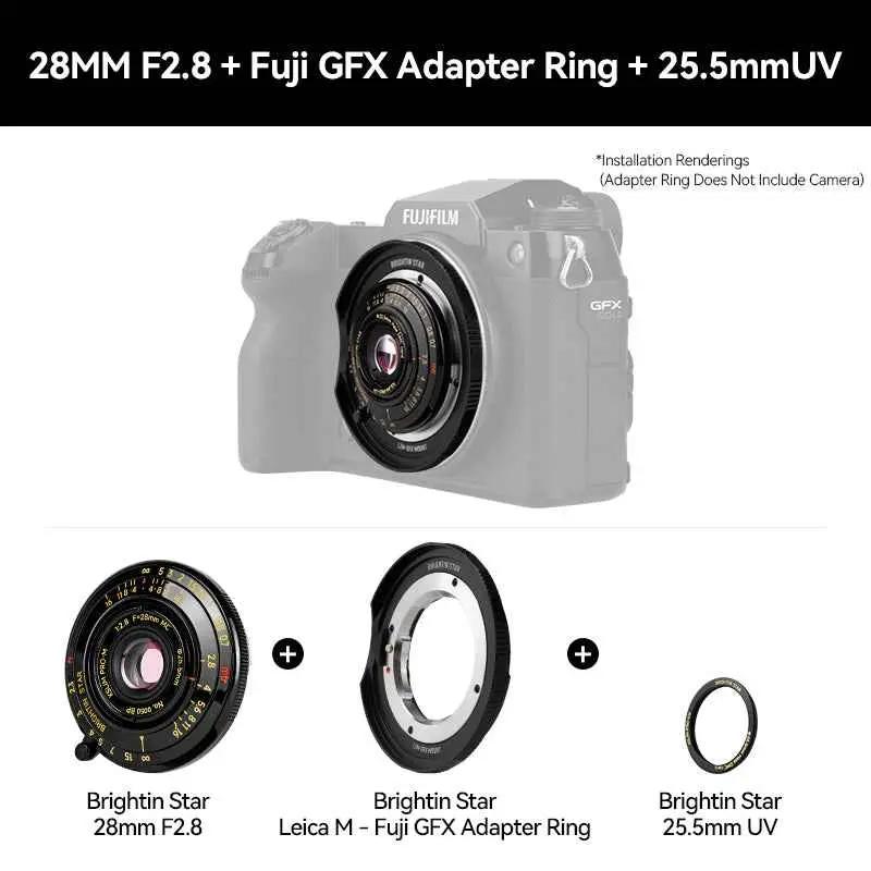 Brightin Star 28mm F2.8 Full Frame Lens Black Lacquer Ultra-Thin Pancake Lens For Leica M Mount Sony E/Canon RF/Fuji XF/GFX/Nikon Z Adapter Ring