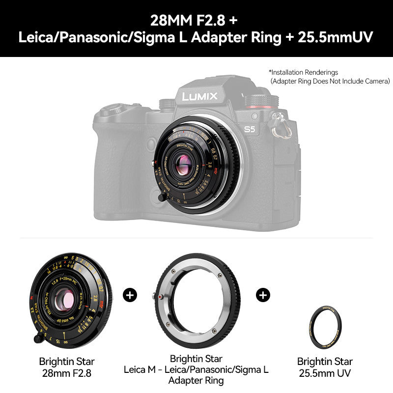 Brightin Star 28mm F2.8 Full Frame Lens Black Lacquer Ultra-Thin Pancake Lens For Leica M Mount Sony E/Canon RF/Fuji XF/GFX/Nikon Z Adapter Ring