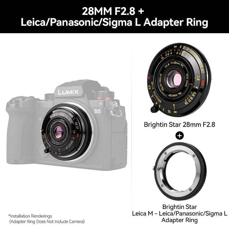 Brightin Star 28mm F2.8 Full Frame Lens Black Lacquer Ultra-Thin Pancake Lens For Leica M Mount Sony E/Canon RF/Fuji XF/GFX/Nikon Z Adapter Ring