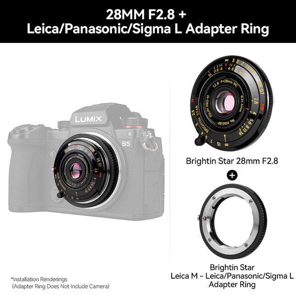 Brightin Star 28mm F2.8 Full Frame Lens Black Lacquer Ultra-Thin Pancake Lens For Leica M Mount Sony E/Canon RF/Fuji XF/GFX/Nikon Z Adapter Ring