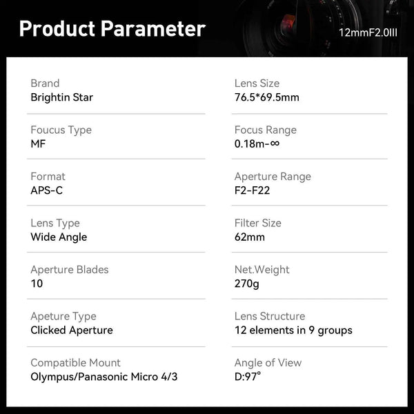 12mm F2.0 III APS-C Ultra Wide-Angle Big Aperture Cameras Lens For  Sony E mount