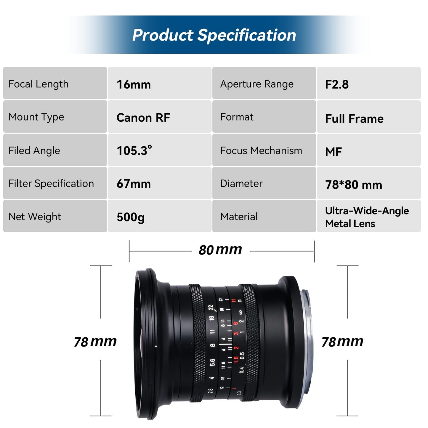 16mm F2.8 Full Frame Ultral Wide Angle Manual Focus Mirrorless Camera Lens, Fit for Canon RF/Nikon Z/Sony E/L Mount