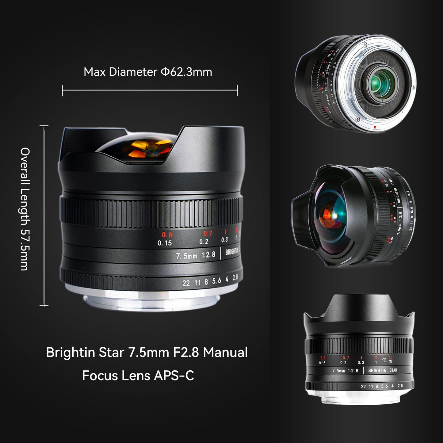 Brightin Star 7.5mm F2.8 Fisheye Manual Focus Prime Lens for Sony E, Canon M, Fuji FX, Nikon Z, M4/3 Mount